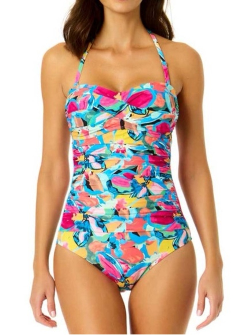 Anne Cole Amalfi Floral Twist Bandeau One-Piece Slimming Ruched Swimsuit 10 NWOT